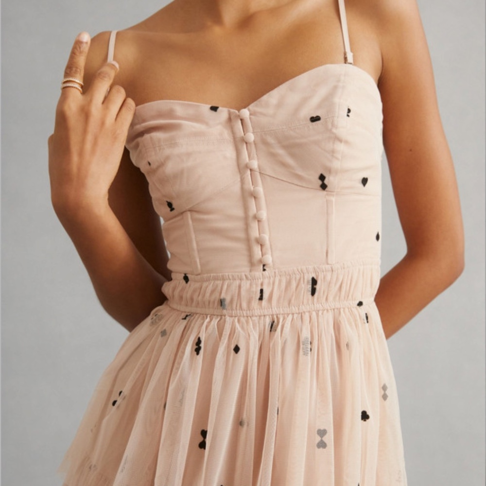 Maeve Strapless Blush Pink Tiered Tulle Maxi Dress with Black Dot Embellishments - Picture 3 of 5